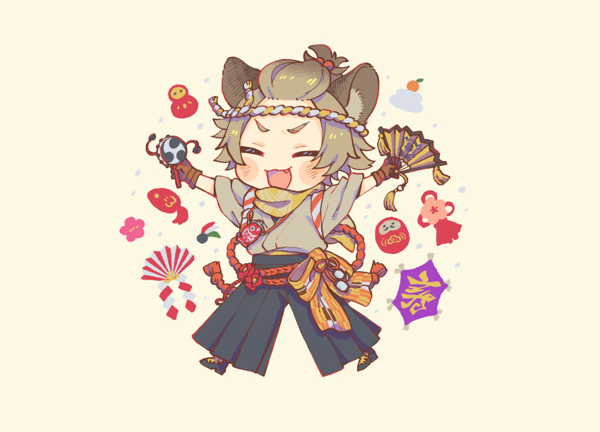 1boy, absurdres, ashnnk, black_hakama, brown_hair, brown_kimono, chibi, closed_eyes, commentary_request, daruma_doll, fang, folding_fan, hakama, hakama_pants, hand_fan, highres, holding, holding_fan, hyena_boy, hyena_ears, japanese_clothes, kimono, male_focus, new_year, pants, paper_fan, rattle_drum, ruggie_bucchi, ruggie_bucchi_(new_year's_attire), short_hair, solo, twisted_wonderland, yellow_background