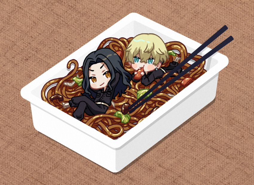 2boys, ashnnk, baji_keisuke, black_hair, blonde_hair, brown_background, brown_eyes, chibi, chopsticks, commentary_request, eating, green_eyes, long_hair, looking_at_viewer, lying, male_focus, matsuno_chifuyu, mini_person, miniboy, multiple_boys, short_hair, tokyo_revengers, yakisoba