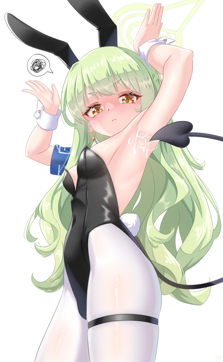 1girl, absurdres, animal_ears, arada_(corsair_zero), armpits, black_leotard, blue_archive, blush, breasts, commentary, fake_animal_ears, green_hair, green_halo, halo, highres, hikari_(blue_archive), leotard, lips, loli, long_hair, pantyhose, playboy_bunny, rabbit_ears, rabbit_tail, simple_background, solo, speech_bubble, squiggle, suggestive_fluid, tail, white_background, white_pantyhose, wrist_cuffs, yellow_eyes