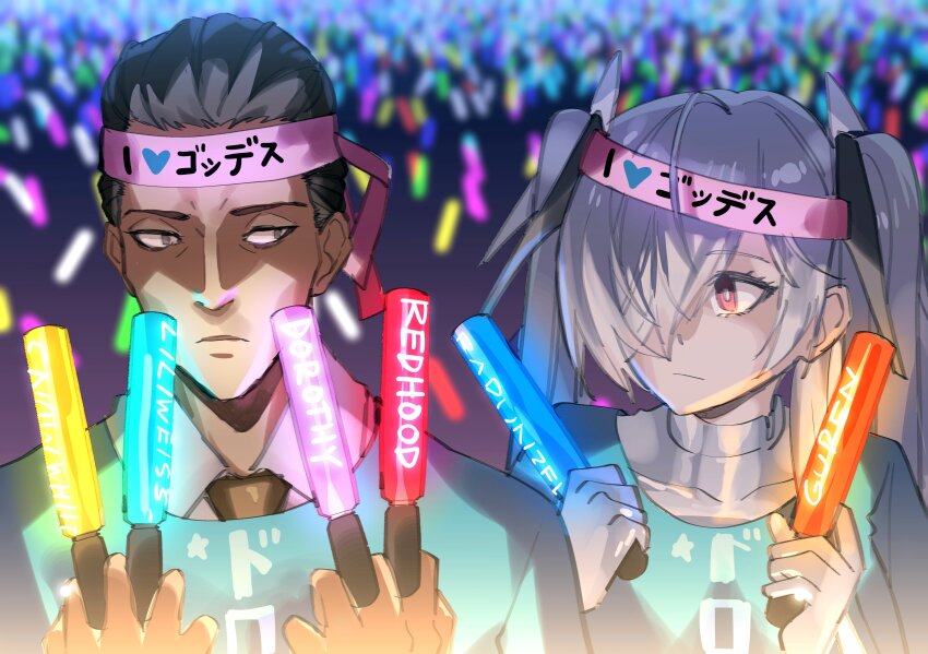 1boy, 1girl, absurdres, audience, black_eyes, black_hair, bodysuit, cinderella_(nikke)