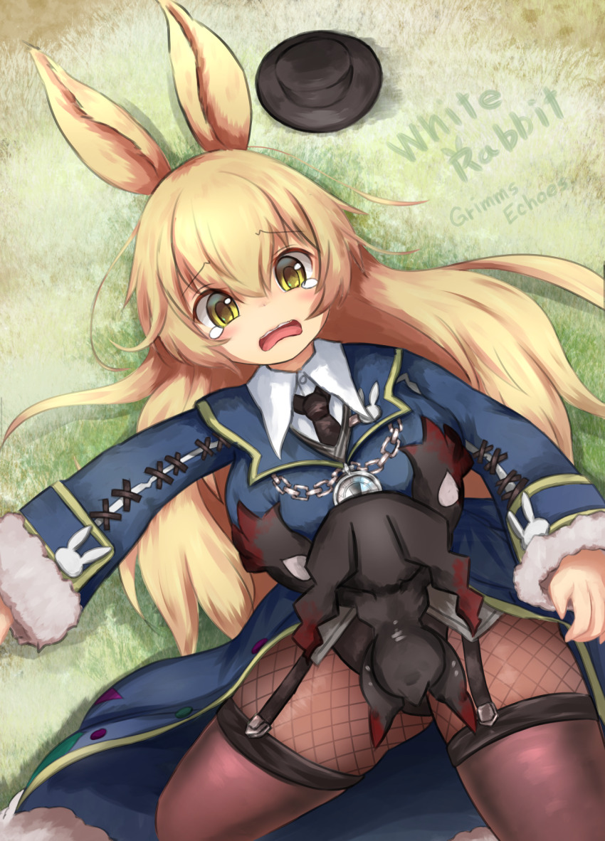 1girl, animal_ears, black_hat, black_necktie, blonde_hair, blue_coat, boogie_villain_(grimms_echoes), breasts, chain, chain_necklace, character_name, clock_pendant, coat, copyright_name, grabbing_another's_breast, grimms_echoes, groping, hat, highres, jewelry, large_breasts, monster, necklace, necktie, open_mouth, playboy_bunny, rabbit_ears, tears, teeth, top_hat, touko_olivia, upper_teeth_only, white_rabbit_(grimms_echoes), yellow_eyes