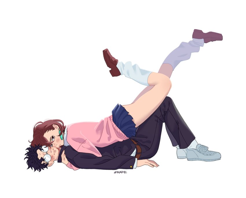 1boy, 1girl, ayase_momo, black_hair, blush, brown_hair, couple, dandadan, draw_your_fav_ship_like_this_(meme), earrings, gakuran, girl_on_top, glasses, grape_gogo, gyaru, highres, jewelry, meme, pink_sweater, school_uniform, sweater, takakura_ken_(dandadan)