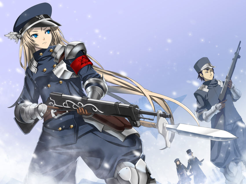 2boys, 2girls, armband, armor, bayonet, blonde_hair, blue_eyes, brown_hair