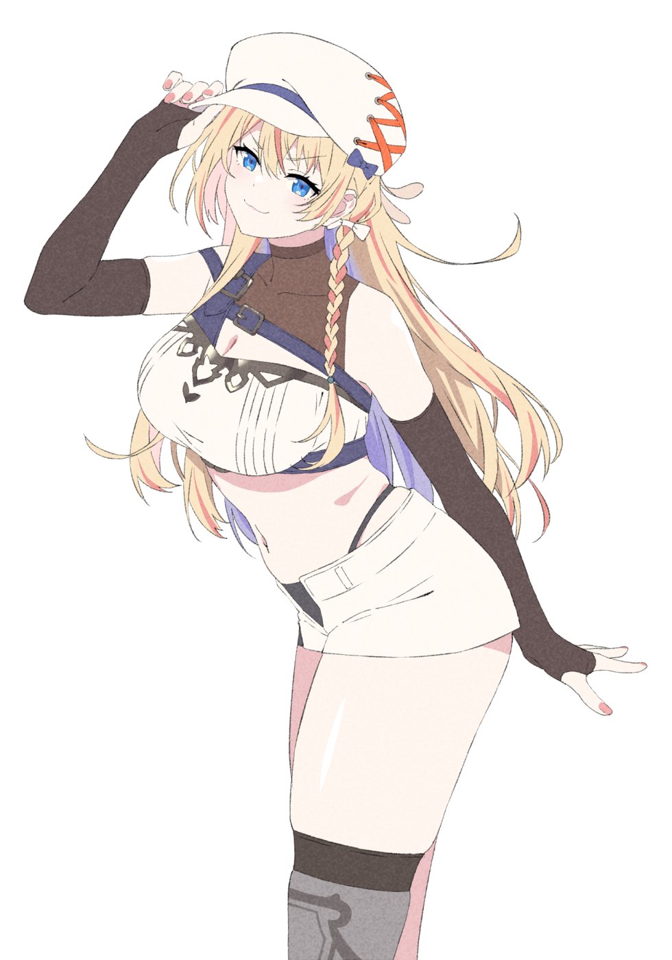 1girl, akitetsu, bandeau, belt, black_gloves, black_panties, blonde_hair, blue_belt