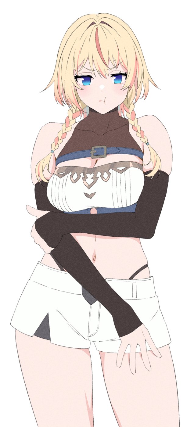 1girl, :t, akitetsu, arm_under_breasts, bandeau, belt, black_panties, black_sleeves