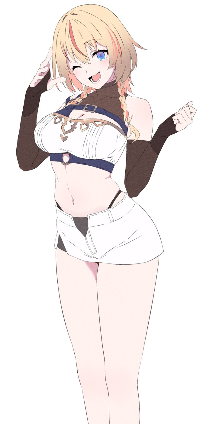 1girl, akitetsu, bandeau, black_gloves, black_panties, blonde_hair, blue_eyes, blush, braid, breasts, cleavage, elbow_gloves, feet_out_of_frame, fingerless_gloves, gloves, highres, large_breasts, looking_at_viewer, multicolored_hair, nanashi_inc., navel, o-ring, o-ring_top, one_eye_closed, open_fly, open_mouth, orange_hair, panties, short_hair, shorts, simple_background, smile, solo, standing, touri_sei, touri_sei_(3rd_costume), twin_braids, two-tone_hair, underwear, virtual_youtuber, white_background, white_bandeau, white_shorts