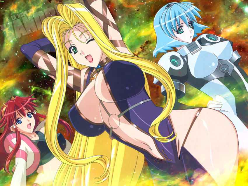 00s, 3girls, arms_up, blonde_hair, blue_eyes, blue_hair, bodysuit, breasts, cleavage, dita_liebely, dress, green_eyes, hand_on_own_hip, happy, jura_basil_elden, kuroda_kazuya, large_breasts, lipstick, long_hair, looking_at_viewer, makeup, meia_gisborn, midriff, multiple_girls, navel, open_mouth, red_hair, short_hair, smile, standing, tank_top, vandread, very_long_hair, wink
