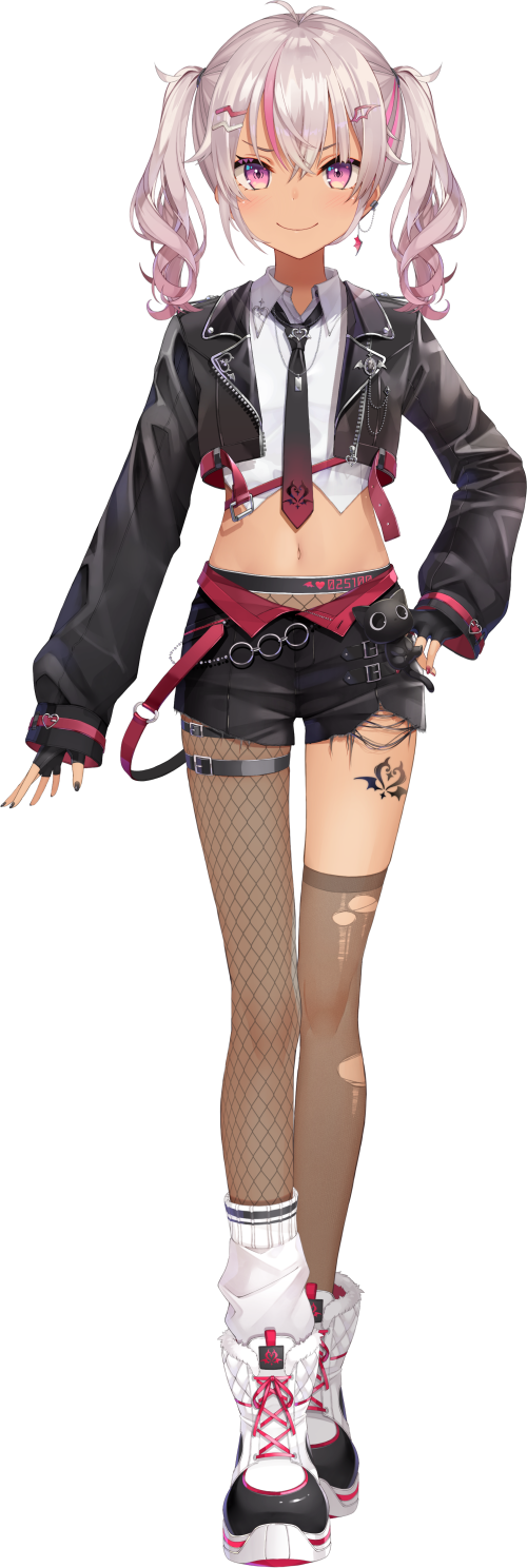 1girl, antenna_hair, asymmetrical_legwear, belt, black_jacket, black_nails, black_necktie, black_shorts