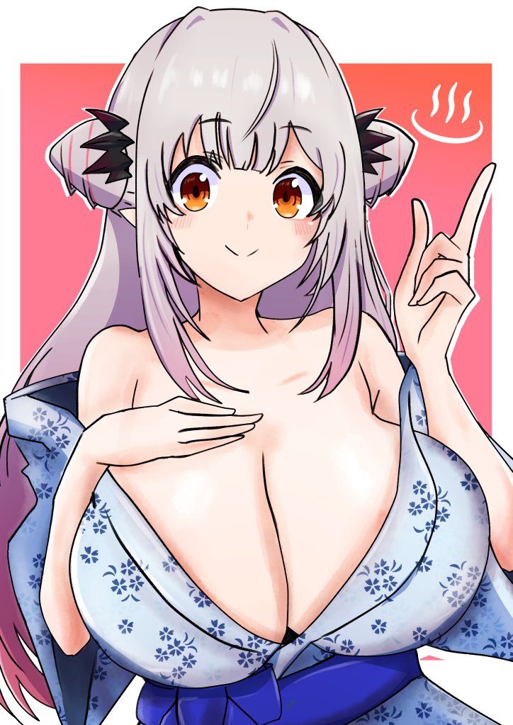 029skysky, 1girl, alternate_costume, black_horns, blue_kimono, blue_sash, blush, breasts