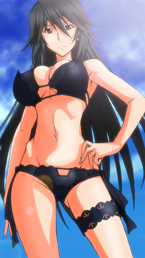 10s, 1girl, bikini, black_bikini, black_hair, breasts, brown_eyes, female_focus, frilled_thigh_strap, frown, hand_on_own_hip, infinite_stratos, large_breasts, legs, lens_flare, long_hair, narrow_waist, orimura_chifuyu, solo, swimsuit, takamura_wamu, thigh_strap, thighs