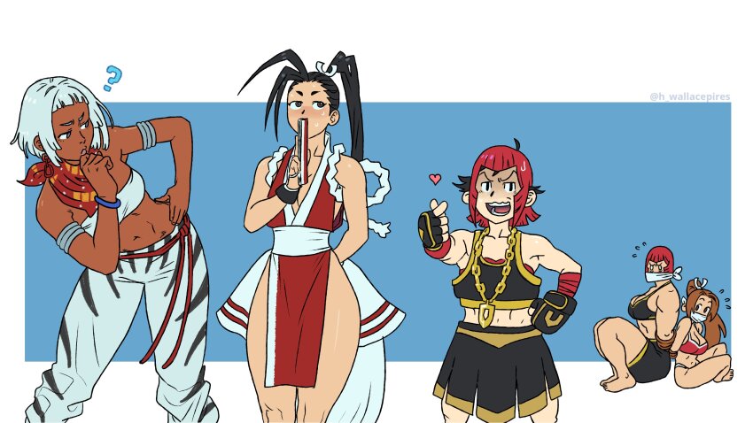 5girls, ?, antenna_hair, arm_behind_back, armlet, arms_behind_back, back-to-back, black_hair, black_sports_bra, blue_eyes, borrowed_clothes, bound, bound_arms, breasts, brown_eyes, chain, chain_necklace, cloth_gag, commentary, confused, cosplay, crossover, dark-skinned_female, dark_skin, earrings, elena_(street_fighter), english_commentary, fatal_fury, finger_heart, fingerless_gloves, folding_fan, gag, gagged, gloves, gold_chain, grey_hair, hair_visible_through_wig, hand_fan, height_difference, high_ponytail, highres, ibuki_(street_fighter), improvised_gag, in-franchise_crossover, jewelry, large_breasts, long_hair, makoto_(street_fighter), marisa_(street_fighter), marisa_(street_fighter)_(cosplay), medium_breasts, mma_gloves, multiple_girls, neckerchief, necklace, nervous_sweating, ninja, oversized_clothes, pelvic_curtain, ponytail, red_hair, red_neckerchief, rope, shiranui_mai, shiranui_mai_(cosplay), short_hair, sports_bra, strapless, street_fighter, street_fighter_6, street_fighter_iii_(series), sweat, thick_thighs, thighs, tied_up_(nonsexual), trait_connection, tube_top, underwear, underwear_only, wallace_pires, white_tube_top, wig