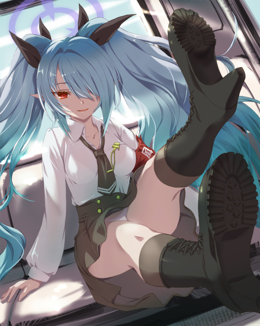 1girl, armband, blue_archive, breasts, collarbone, dark-skinned_female, dark_skin, grey_hair, hair_over_one_eye, halo, highres, iori_(blue_archive), kooriyama_azuki, panties, pointy_ears, purple_halo, red_armband, red_eyes, solo, twintails, underwear, white_panties