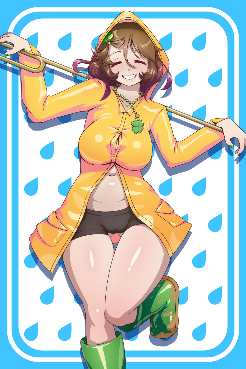 1girl, absurdres, blue_background, boots, breasts, brown_hair, brown_shorts, bursting_breasts