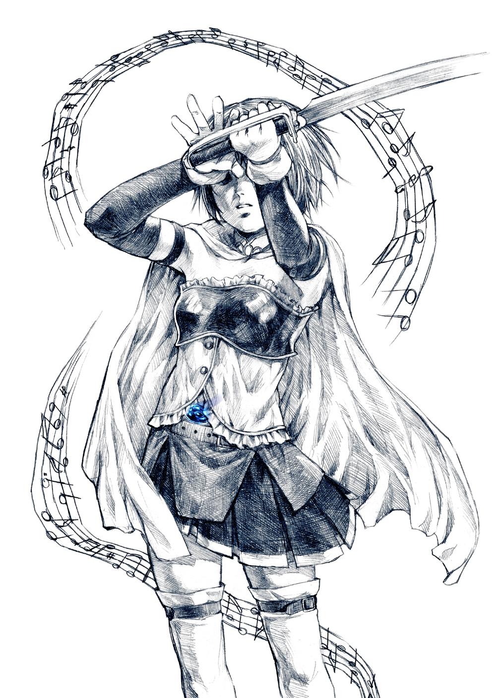 10s, 1girl, cape, female_focus, gloves, graphite_(medium), greyscale, highres, magical_girl, mahou_shoujo_madoka_magica, mahou_shoujo_madoka_magica_(anime), mandeid, miki_sayaka, miki_sayaka_(magical_girl), monochrome, musical_note, pizza_man, short_hair, simple_background, solo, musical_staff, sword, thighhighs, traditional_media, weapon, zettai_ryouiki