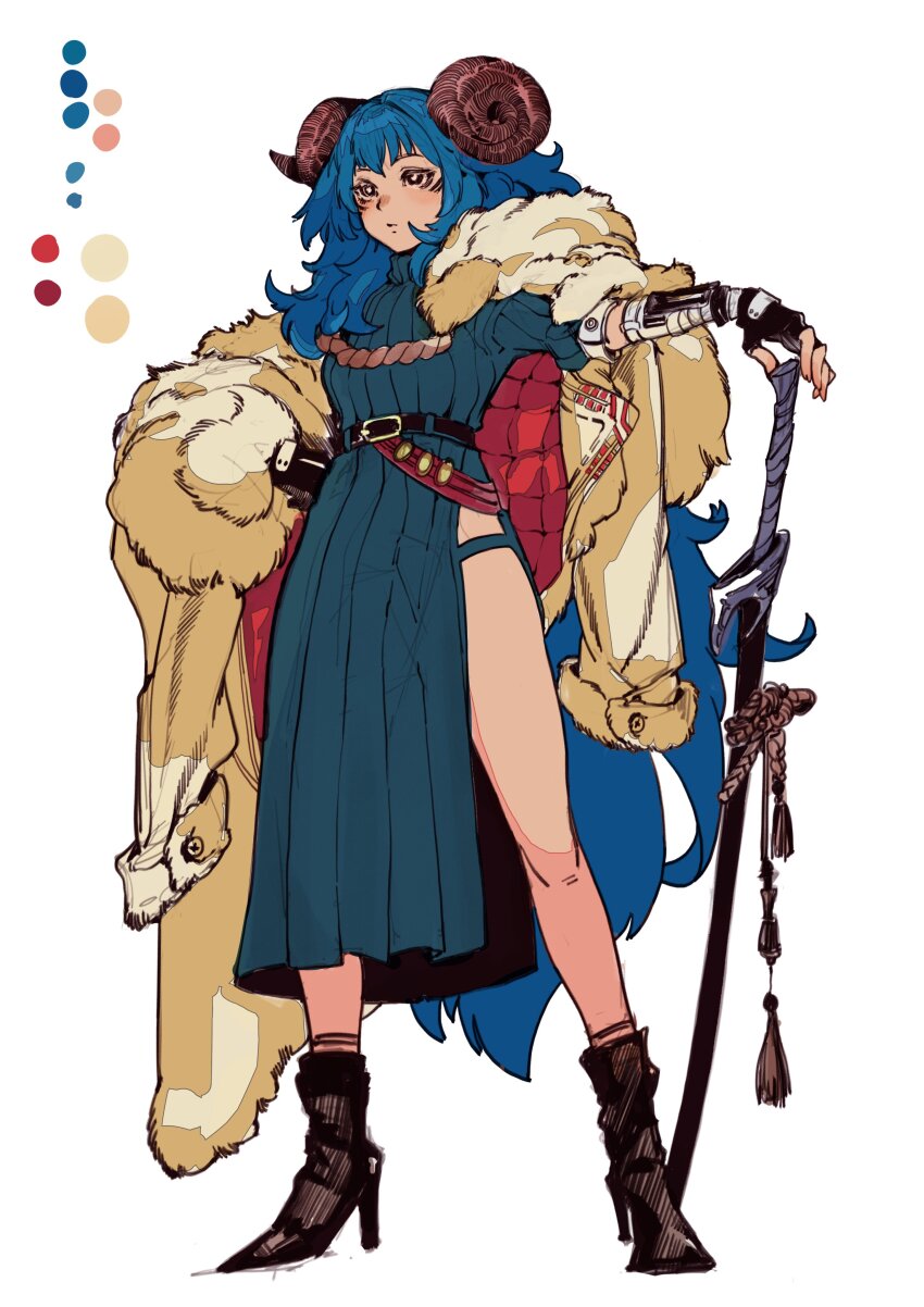 1girl, absurdres, aqua_dress, belt, black_belt, black_gloves, blue_hair, boots