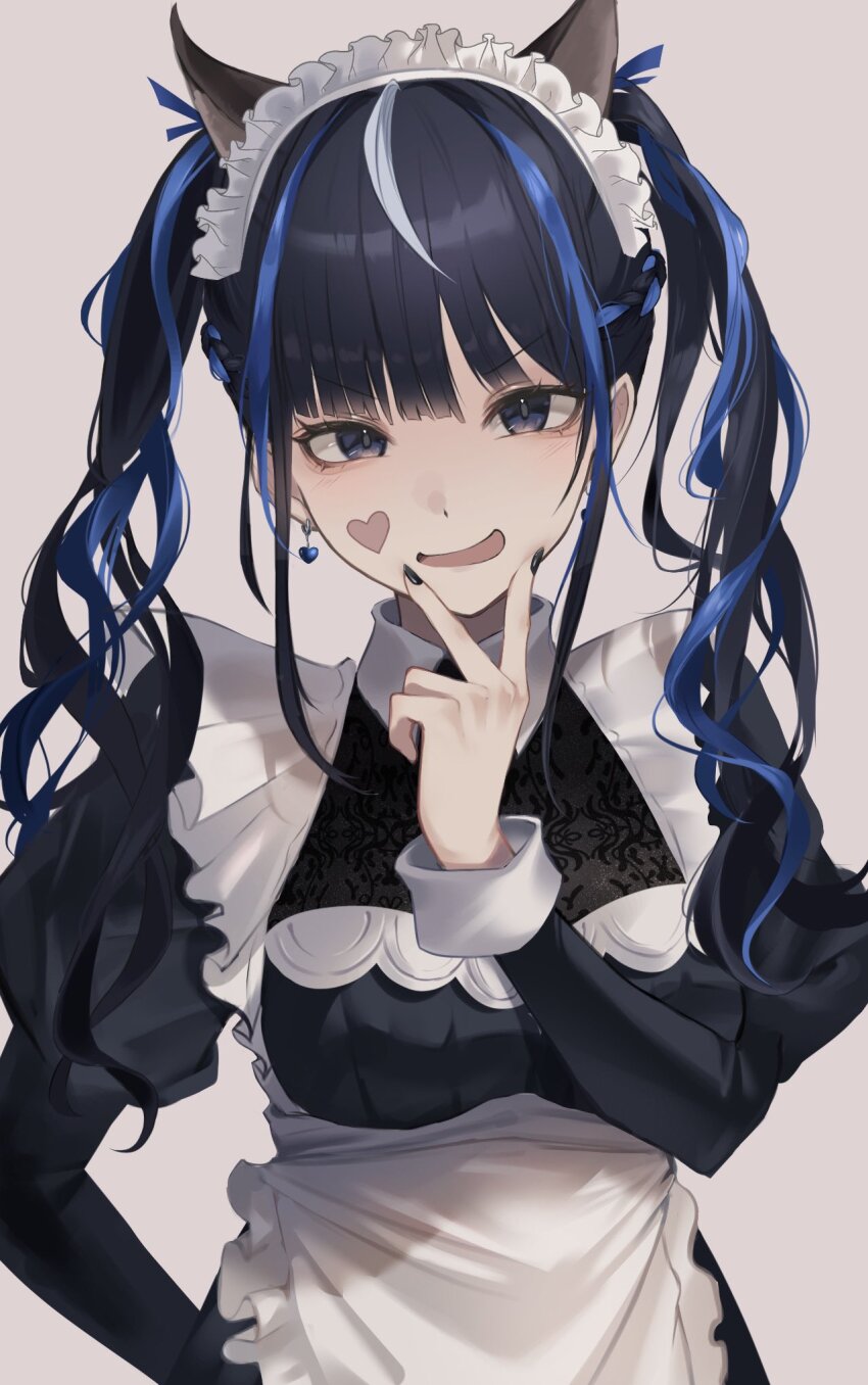 1girl, animal_ears, apron, black_dress, black_hair, blue_eyes, blue_hair, dress, earrings, extra_ears, facial_mark, false_smile, frilled_apron, frills, heart, heart_facial_mark, highres, jewelry, looking_at_viewer, maid, maid_apron, maid_headdress, multicolored_hair, nere_(p&amp;d), open_mouth, puffy_sleeves, puzzle_&amp;_dragons, smile, solo, streaked_hair, twintails, v, white_apron, yumura30