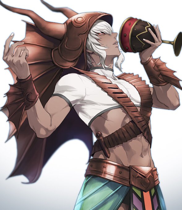 1boy, arms_up, baal_(megami_tensei), chalice, cropped_shirt, cup, dark-skinned_male, dark_skin