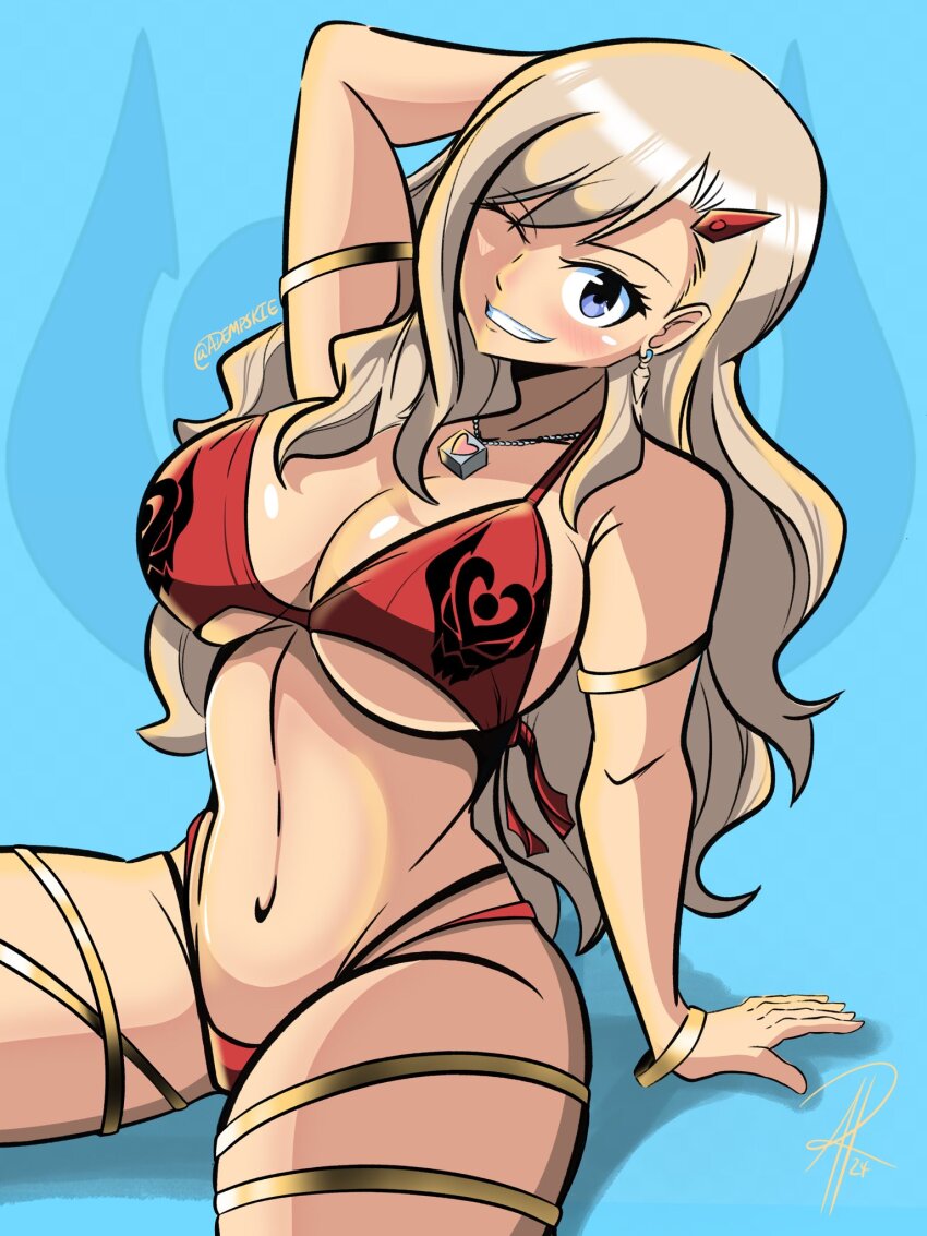 1girl, adempskie, armlet, bikini, blonde_hair, blue_eyes, bracelet, breasts, cleavage, earrings, eden's_zero, hair_ornament, hairclip, highres, jewelry, large_breasts, long_hair, looking_at_viewer, navel, necklace, one_eye_closed, rebecca_bluegarden, smile, solo, swimsuit, teeth, thighlet, underboob