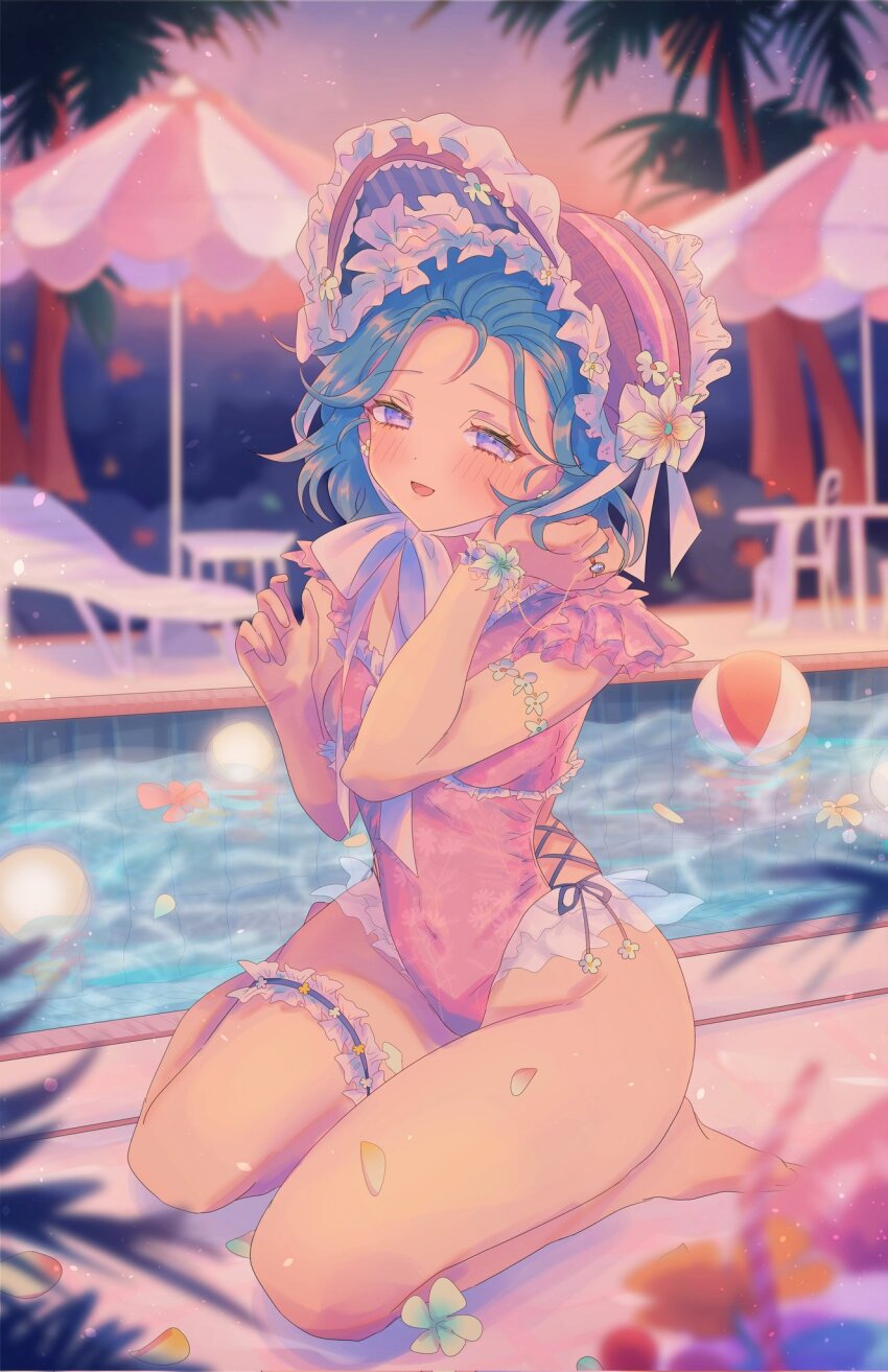 1girl, :d, ball, beach_chair, beach_umbrella, beachball, blue_eyes, blue_hair