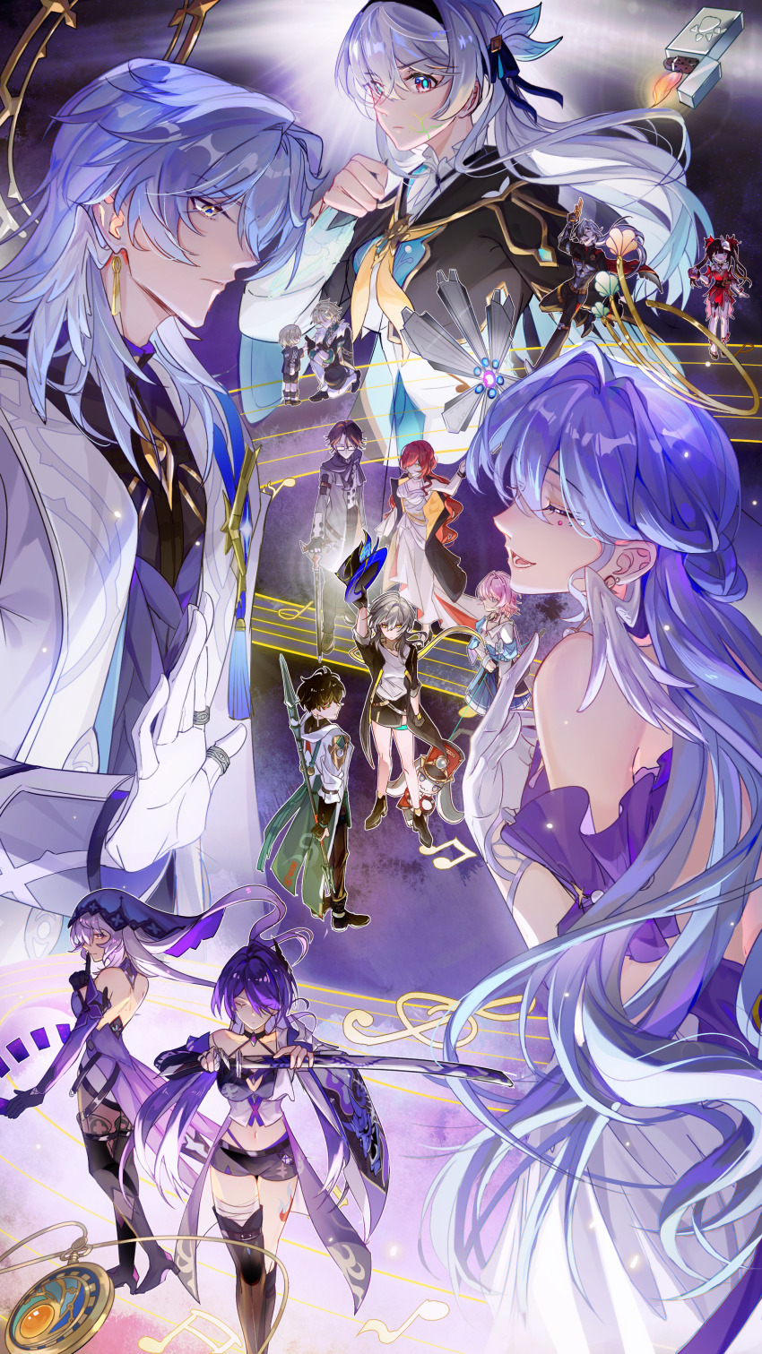 5boys, 6+girls, absurdres, acheron_(honkai:_star_rail), aventurine_(honkai:_star_rail), bare_shoulders, black_coat, black_gloves