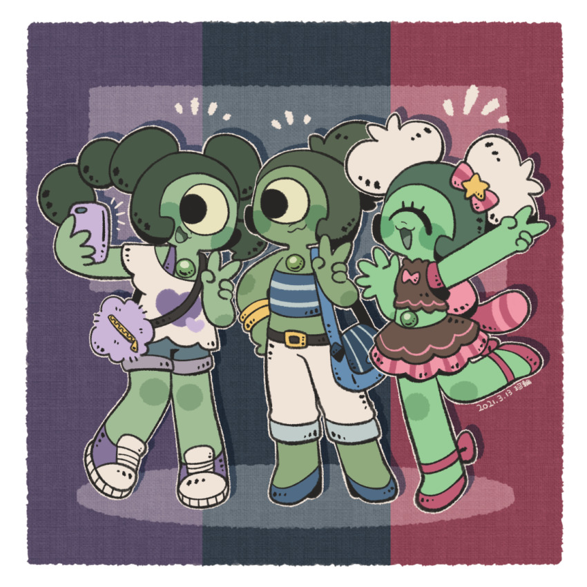 3girls, arm_up, bag, blue_footwear, blush_stickers, brown_skirt, capri_pants, chest_jewel, colored_skin, commentary_request, crop_top, cyclops, eyelashes, green_skin, karin_(100100), midriff, multiple_girls, nephrite_(steven_universe), notice_lines, one-eyed, open_mouth, pants, pink_shoes, ponytail, purple_bag, selfie, shoes, shorts, skirt, sneakers, steven_universe, twintails, v, white_pants