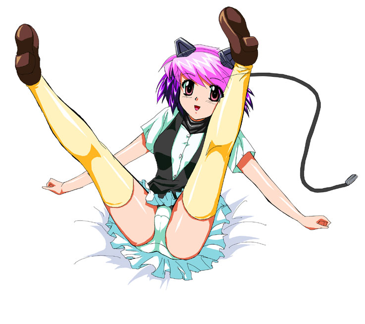 1990s_(style), 1girl, excel_saga, eyeball_(artist), female_focus, legs_up, multicolored_hair, panties, pantyshot, pink_hair, purple_eyes, purple_hair, retro_artstyle, robot_ears, ropponmatsu_2, short_hair, skirt, solo, spread_legs, thighhighs, two-tone_hair, underwear, upskirt, white_background, white_panties, yellow_thighhighs