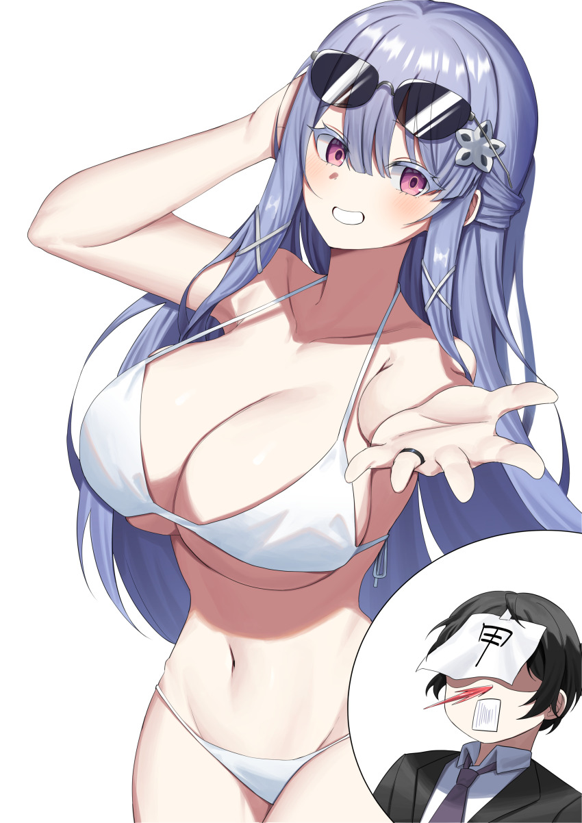 1boy, 1girl, absurdres, administrator_(counter:side), armpit_crease, bikini, black_hair, black_suit