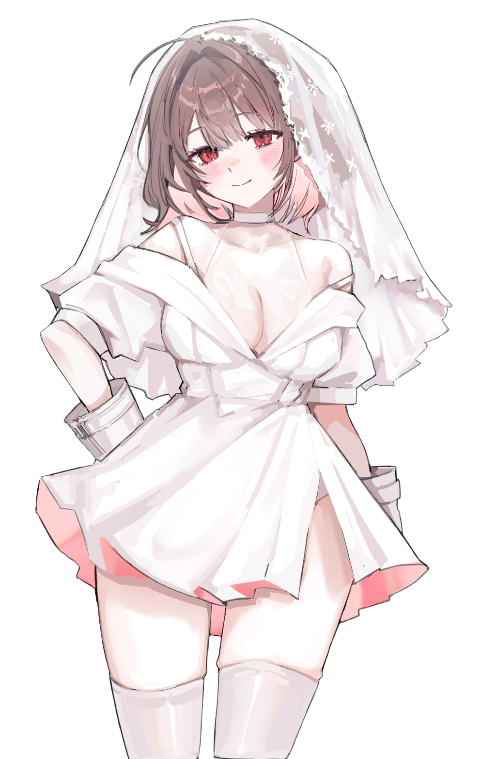 1girl, ahoge, armlet, black_survival, bra, bracelet, breasts, bridal_veil, brown_hair, choker, closed_mouth, colored_inner_hair, commentary_request, cowboy_shot, dress, estelle_(bestelle)_(black_survival), estelle_(black_survival), eternal_return:_black_survival, hair_between_eyes, highres, jewelry, korean_commentary, light_blush, light_smile, looking_at_viewer, medium_breasts, multicolored_hair, okchun, red_eyes, red_hair, short_dress, short_sleeves, simple_background, solo, standing, thighhighs, thighs, underwear, veil, wedding_dress, white_background, white_bra, white_choker, white_dress, white_thighhighs