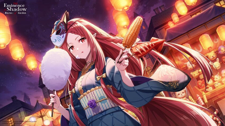 1girl, :q, artist_request, blue_kimono, bow, braid, building, cat_mask