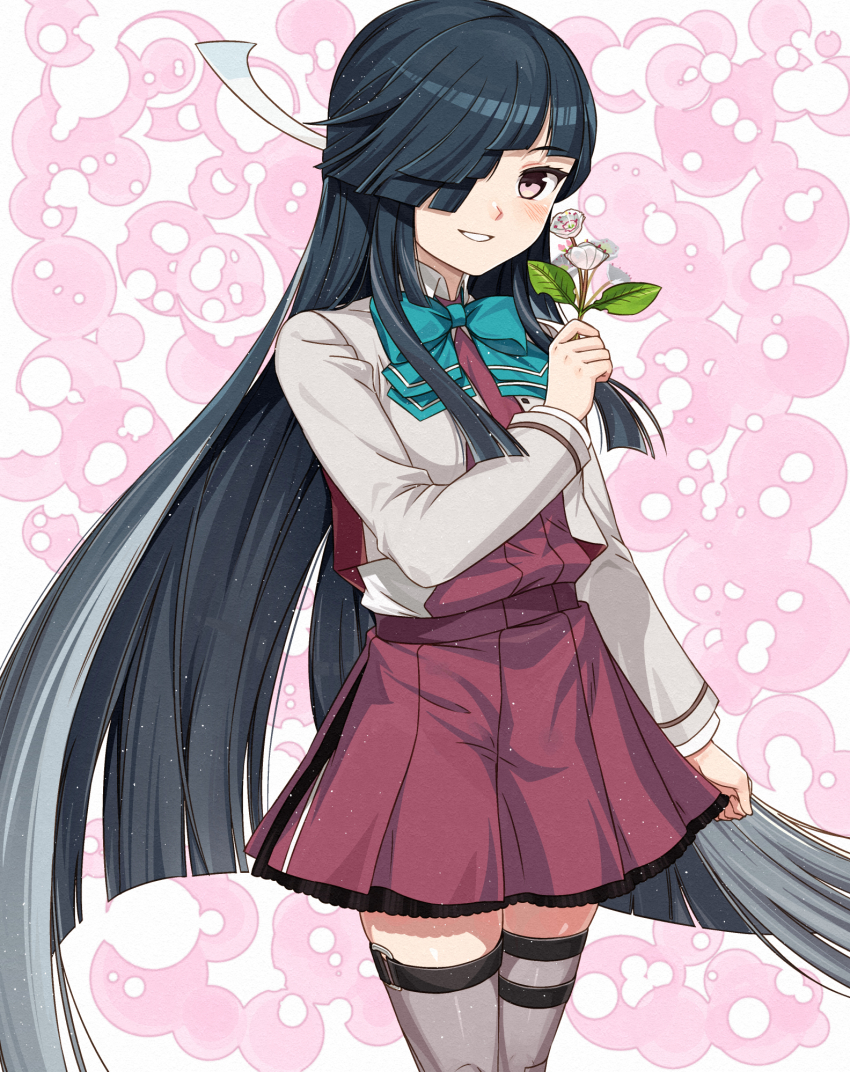 1girl, aqua_bow, aqua_bowtie, black_hair, bow, bowtie, brown_eyes, cowboy_shot