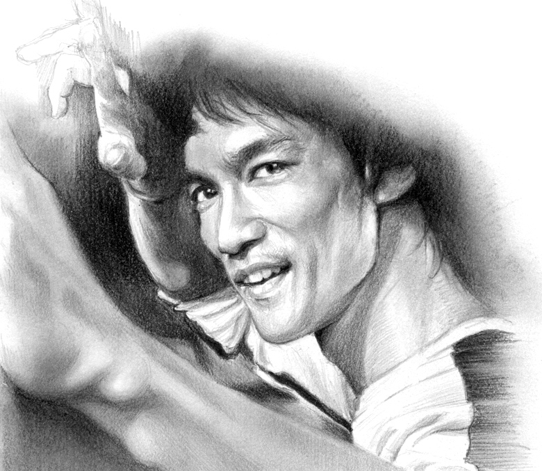 1boy, bruce_lee, fighting_stance, graphite_(medium), greyscale, male_focus, masa_(masa_room), monochrome, portrait, real_life, smile, solo, teeth, traditional_media, upper_body