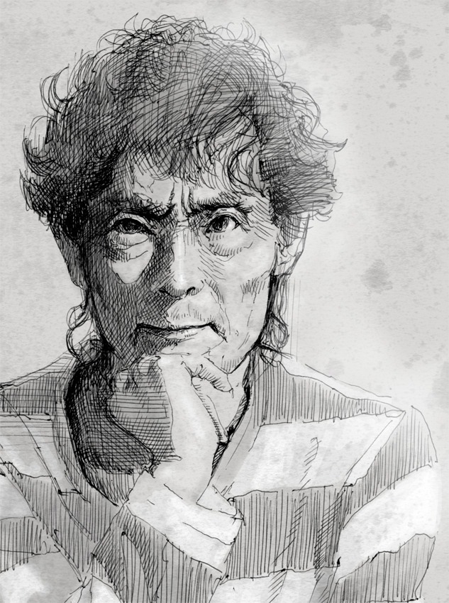 1boy, commentary_request, greyscale, hand_on_own_chin, looking_at_viewer, male_focus, mangaka, masa_(masa_room)