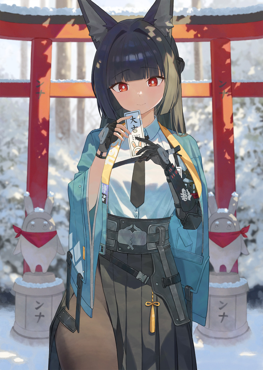 1girl, animal_ear_fluff, animal_ears, black_gloves, black_hair, black_necktie, black_skirt, blunt_bangs