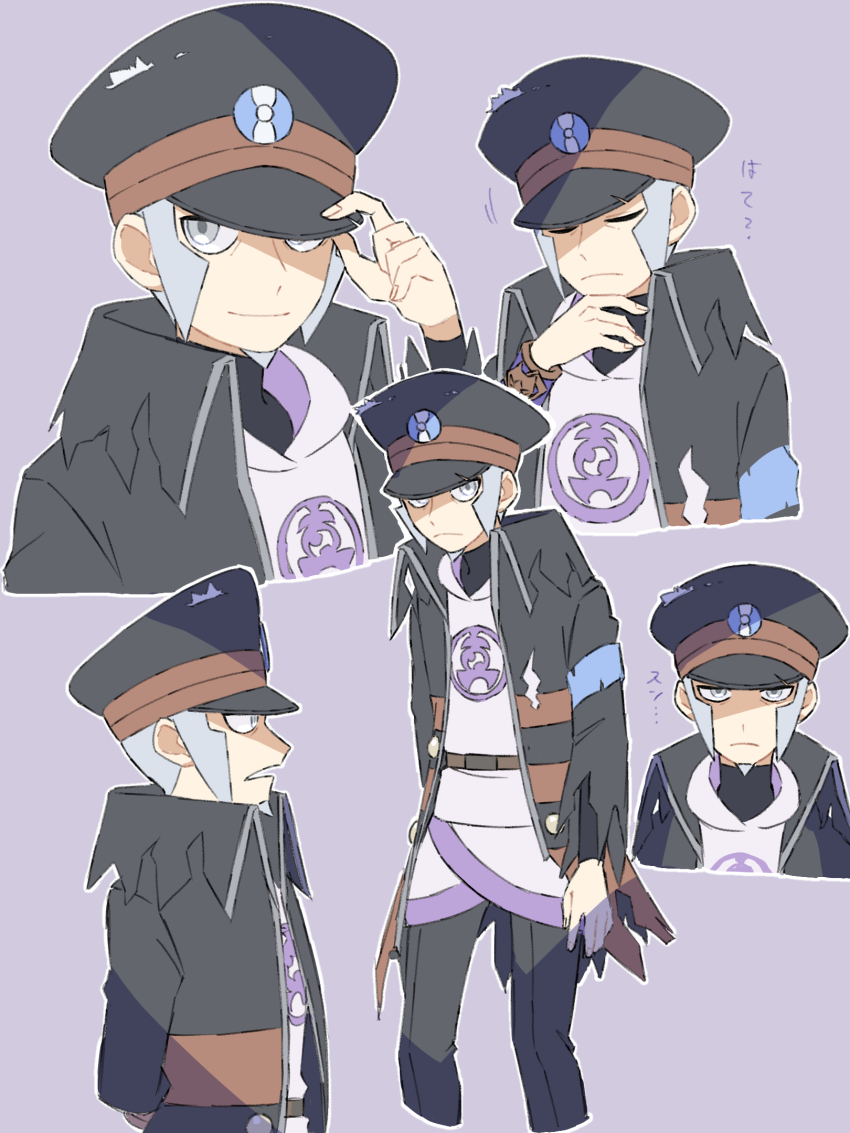 1boy, armband, armlet, asai_222, belt, black_coat, black_hat, black_pants, blue_armband, closed_eyes, closed_mouth, coat, facial_hair, goatee, grey_eyes, grey_hair, hand_on_headwear, hat, hat_tip, highres, ingo_(pokemon), jewelry, light_smile, looking_at_viewer, nintendo, open_mouth, pants, pearl_clan_outfit, pokemon, pokemon_legends:_arceus, purple_background, scratching_chin, short_hair, sideburns, slouching, torn_clothes, torn_coat, turtleneck, undershirt