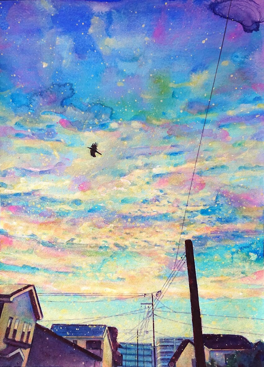 absurdres, acrylic_paint_(medium), animal, bird, blue_sky, cable, cloud, cloudy_sky