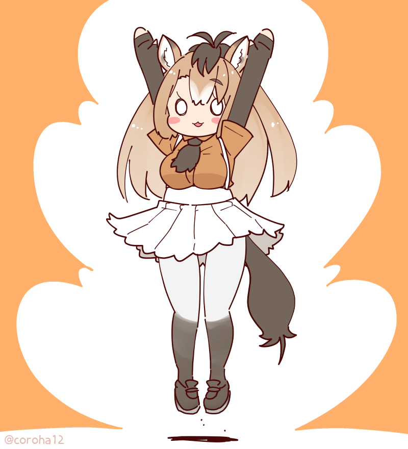 1girl, animal_ears, arms_up, brown_background, brown_hair, coroha, extra_ears, fingerless_gloves