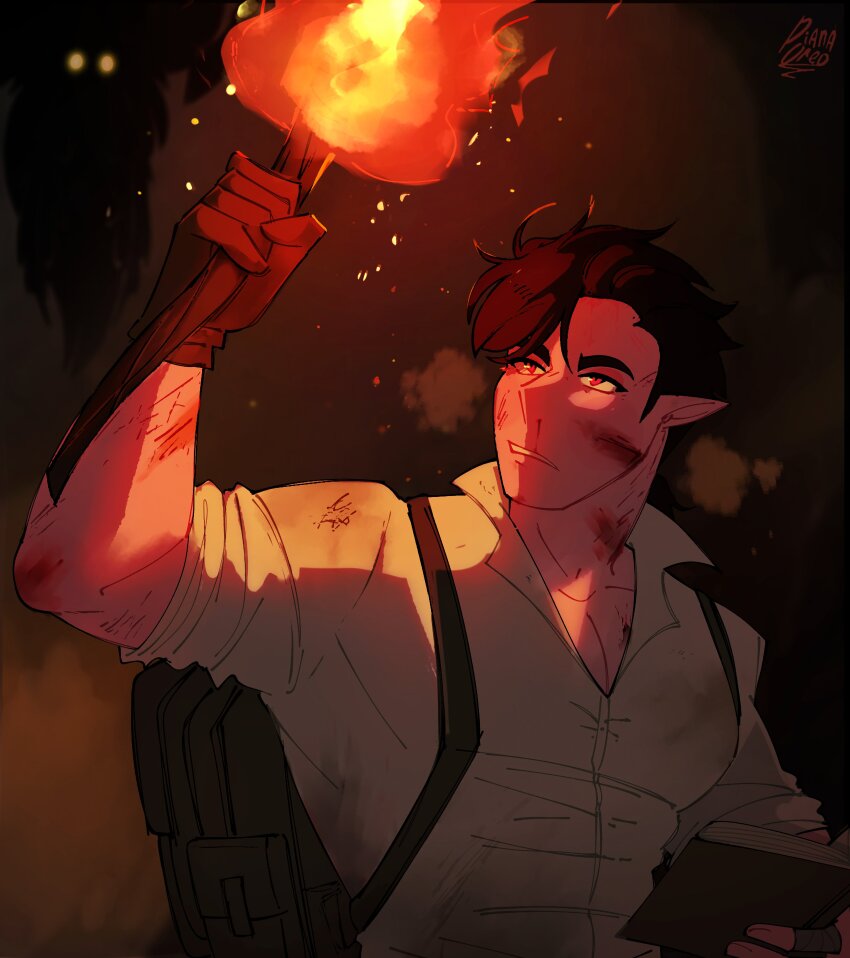 1boy, 1other, absurdres, backpack, bag, bandaged_fingers, bandages, book