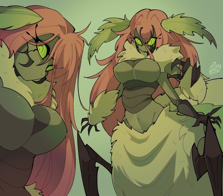 1girl, absurdres, antennae, arthropod_girl, arthropod_limbs, body_fur, breasts, centauroid, colored_sclera, commentary, diana_oreo, english_commentary, expressionless, extra_arms, fewer_digits, flaina_(diana_oreo), green_background, green_eyes, green_sclera, highres, insect_girl, large_breasts, long_hair, moth_antennae, moth_girl, multiple_views, orange_hair, original, ringed_eyes, taur, very_long_hair