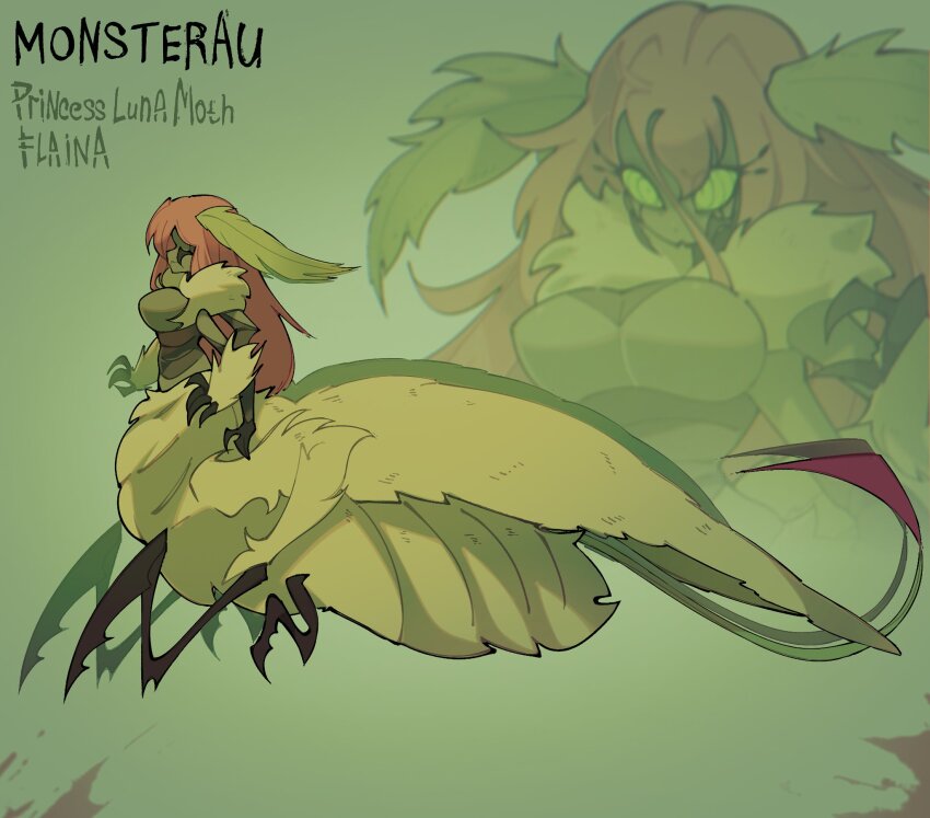 1girl, antennae, arthropod_girl, arthropod_limbs, body_fur, breasts, centauroid, character_name, colored_sclera, diana_oreo, extra_arms, extra_legs, fewer_digits, flaina_(diana_oreo), green_eyes, green_sclera, green_theme, hair_between_eyes, highres, insect_girl, large_breasts, long_hair, monster_girl, moth_antennae, moth_girl, orange_hair, original, ringed_eyes, solo, taur, very_long_hair