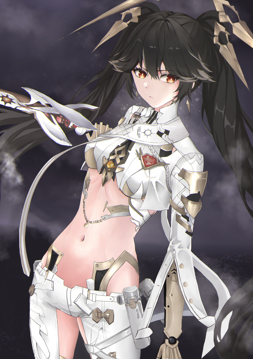 1girl, absurdres, black_hair, breasts, clothing_cutout, earrings, floating_headgear, headgear, highleg, highleg_panties, highres, holding, holding_sword, holding_weapon, jacket, jewelry, leggings, long_hair, long_sleeves, lucia:_pyroath_(pgr), lucia_(pgr), mechanical_arms, midriff, navel, panties, punishing:_gray_raven, red_eyes, small_breasts, solo, sword, thigh_cutout, tirufing, twintails, underwear, very_long_hair, weapon, white_jacket, white_leggings