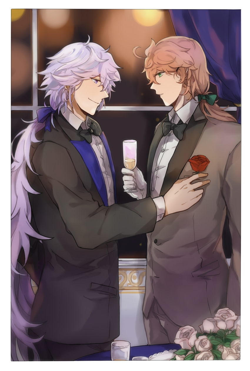 2boys, absurdres, ahoge, alternate_costume, alternate_hairstyle, arm_at_side, bangs_pinned_back, black_bow