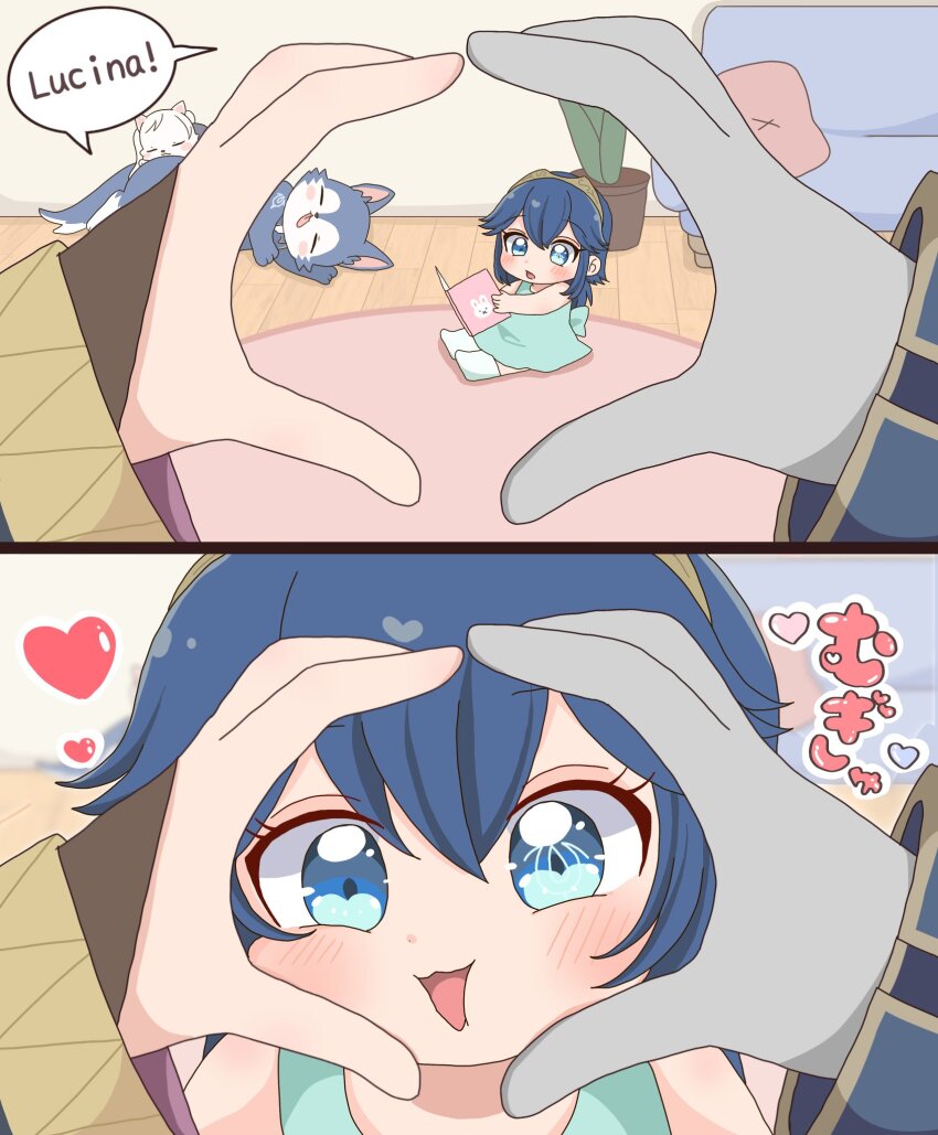 1boy, 2girls, blue_eyes, blue_hair, blurry, blurry_background, blush, book, brand_of_the_exalt, character_name, child, chrom_(fire_emblem), commentary_request, couch, eyelashes, family, father_and_child, father_and_daughter, female_robin_(fire_emblem), fire_emblem, fire_emblem_awakening, heart, heart_hands, highres, holding, holding_book, indoors, looking_at_viewer, lucina_(fire_emblem), mother_and_child, mother_and_daughter, multiple_girls, nintendo, open_book, parent_and_child, plant, potted_plant, rukinya_nya, sitting, speech_bubble, tiara