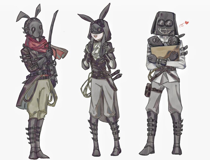 1girl, 2boys, :d, animal_ears, ascot, bag, battle_maniac_of_the_black_rabbit_brotherhood, belt, black_mask, boots, brown_coat, coat, commentary, eccentric_of_the_black_rabbit_brotherhood, fake_animal_ears, full_body, grey_pants, heart, highres, holding, holding_bag, holding_sword, holding_weapon, lies_of_p, liudongxx, mask, multiple_boys, open_mouth, pants, paper_bag, pouch, rabbit_ears, rabbit_mask, red_scarf, scarf, simple_background, smile, standing, sword, teeth, thigh_pouch, upper_teeth_only, weapon, white_ascot, white_background, youngest_of_the_black_rabbit_brotherhood