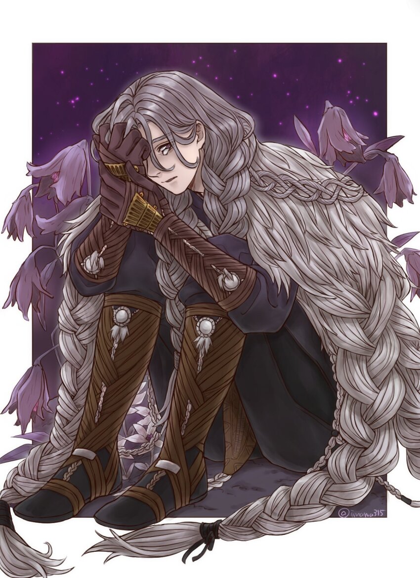 1boy, artist_name, border, braid, brown_eyes, brown_footwear, brown_gloves, elden_ring