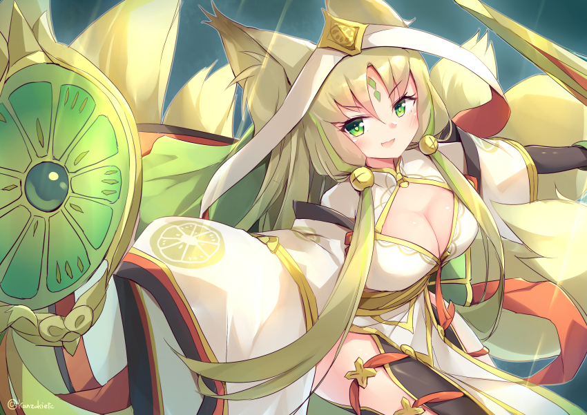 1girl, absurdres, animal_ear_fluff, animal_ears, arahime_the_manifested_mikanko, bell, blush, breasts