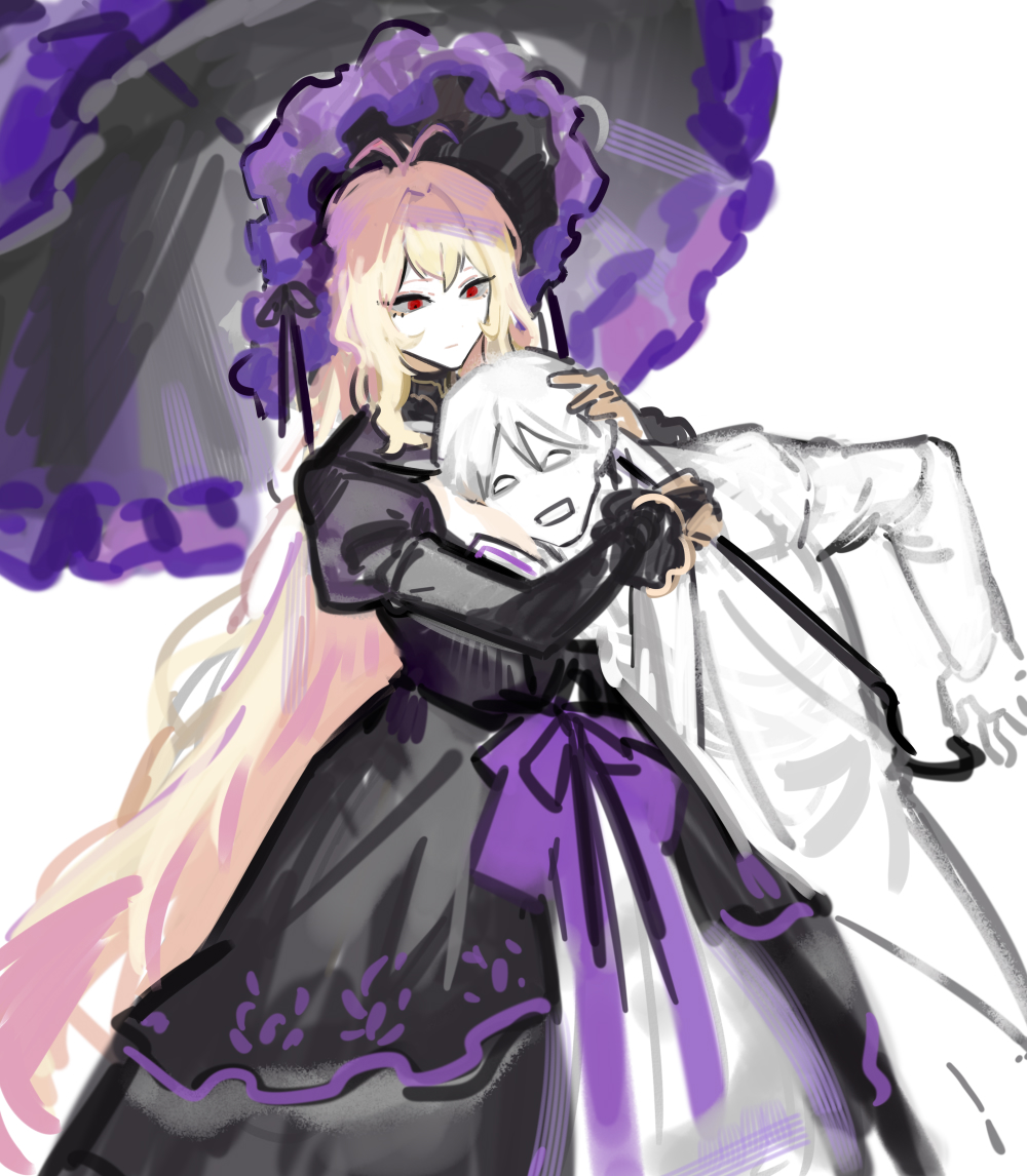 1boy, 1girl, black_bonnet, black_dress, blonde_hair, bonnet, breasts, cassetti_(project_moon)