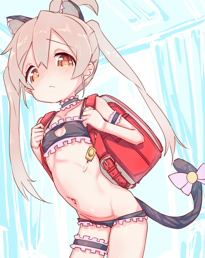 1girl, ahoge, animal_ears, backpack, bag, black_bra, black_choker, black_panties, blush, bow, bra, brown_eyes, cat_ears, cat_lingerie, cat_tail, choker, fake_animal_ears, fake_tail, flat_chest, frilled_bra, frilled_choker, frilled_panties, frilled_thigh_strap, frills, grey_hair, highres, loli, long_hair, looking_at_viewer, lowleg, lowleg_panties, navel, onii-chan_wa_oshimai!, oyama_mahiro, panties, pink_bow, randoseru, solo, standing, tail, tail_bow, tail_ornament, takabow, thigh_strap, twintails, underwear