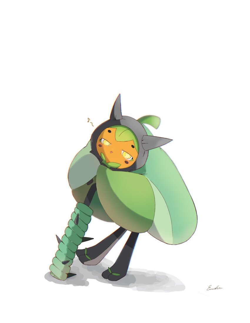 emf_ru, full_body, half-closed_eyes, highres, musical_note, nintendo, ogerpon, pokemon, pokemon_(creature), shadow, simple_background, tongue, tongue_out, white_background, yellow_eyes