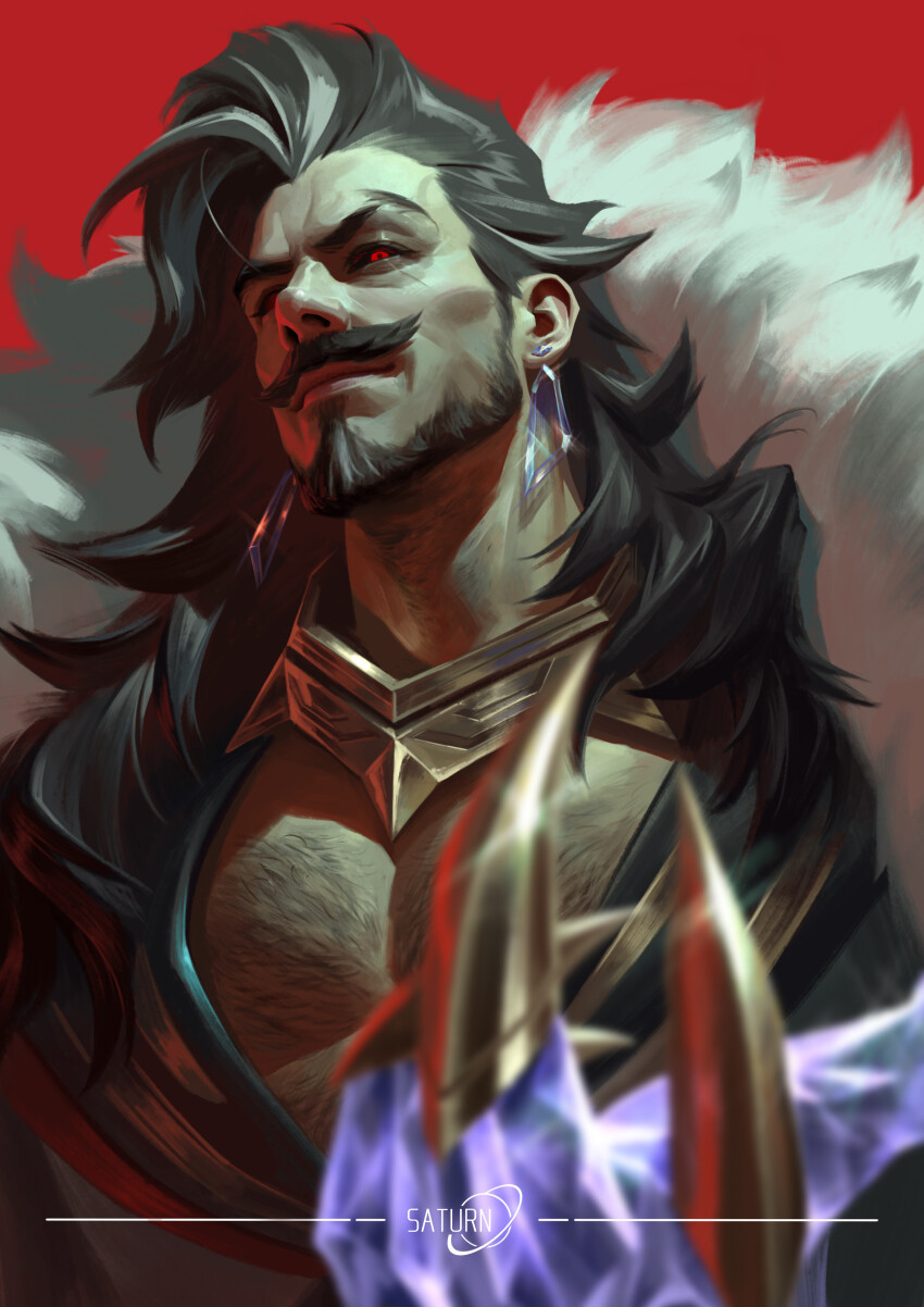 1boy, absurdres, artist_name, black_hair, black_sclera, chest_hair, coat, colored_sclera, earrings, facial_hair, fur-trimmed_coat, fur_trim, grey_hair, highres, jewelry, league_of_legends, long_hair, male_focus, multicolored_hair, pectorals, prestige_chosen_of_the_wolf_swain, red_background, red_eyes, saturn_(satscarlet), smile, solo, streaked_hair, swain_(league_of_legends)