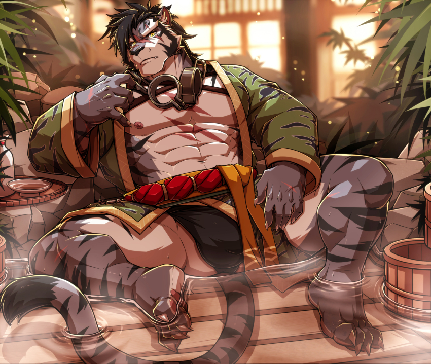 1boy, abs, absurdres, alcohol, animal_ear_fluff, animal_ears, bara, barefoot
